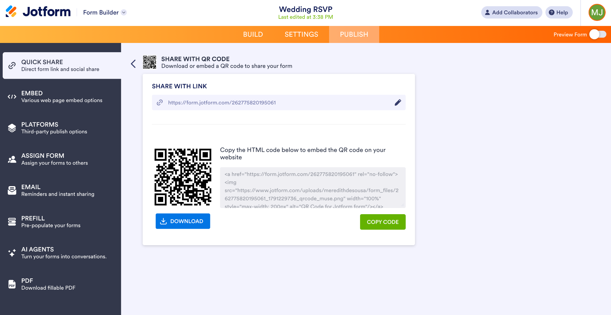 Jotform Publish tab showing QR code sharing options and downloadable wedding RSVP code