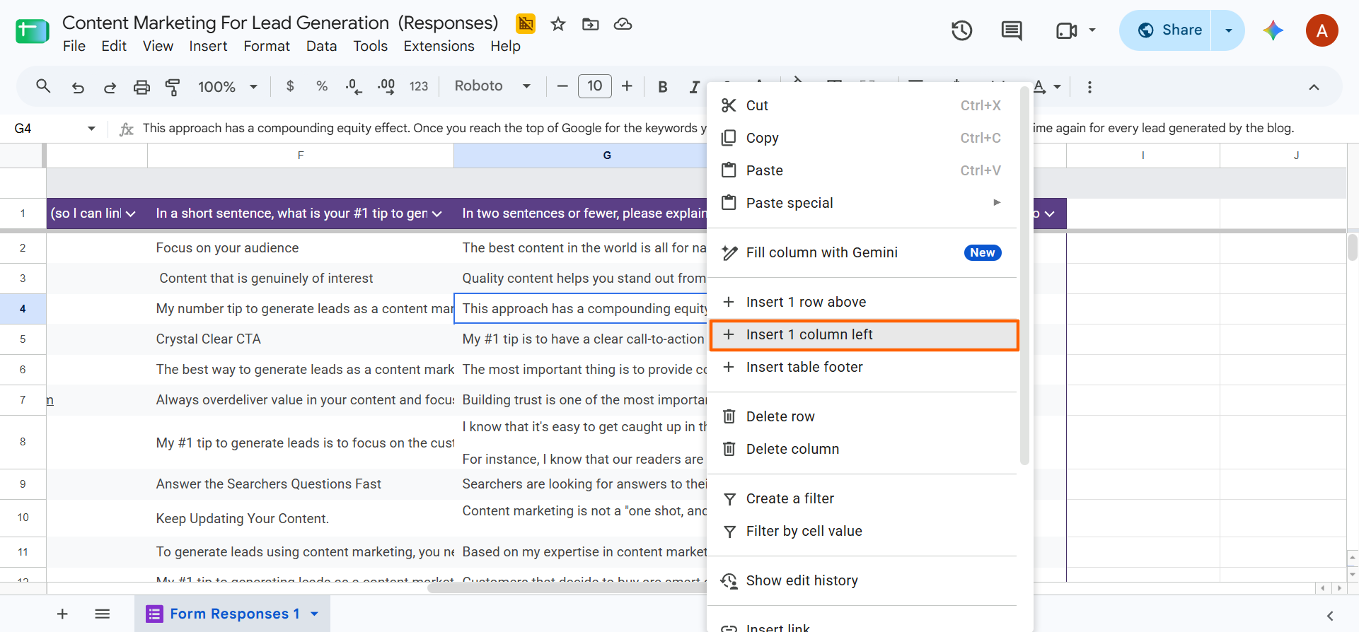 Google Sheets context menu highlighting Insert 1 column left beside existing form responses