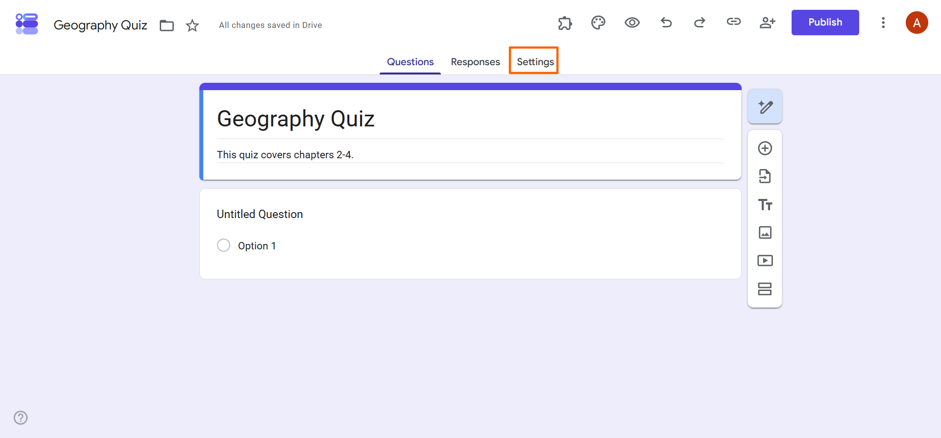 Google Forms Geography Quiz editor with the Settings tab highlighted