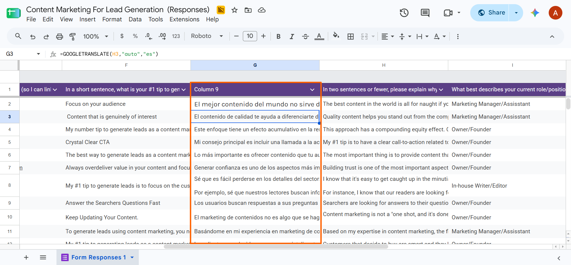 Google Sheets displaying Spanish translations generated using the GOOGLETRANSLATE formula in a new column