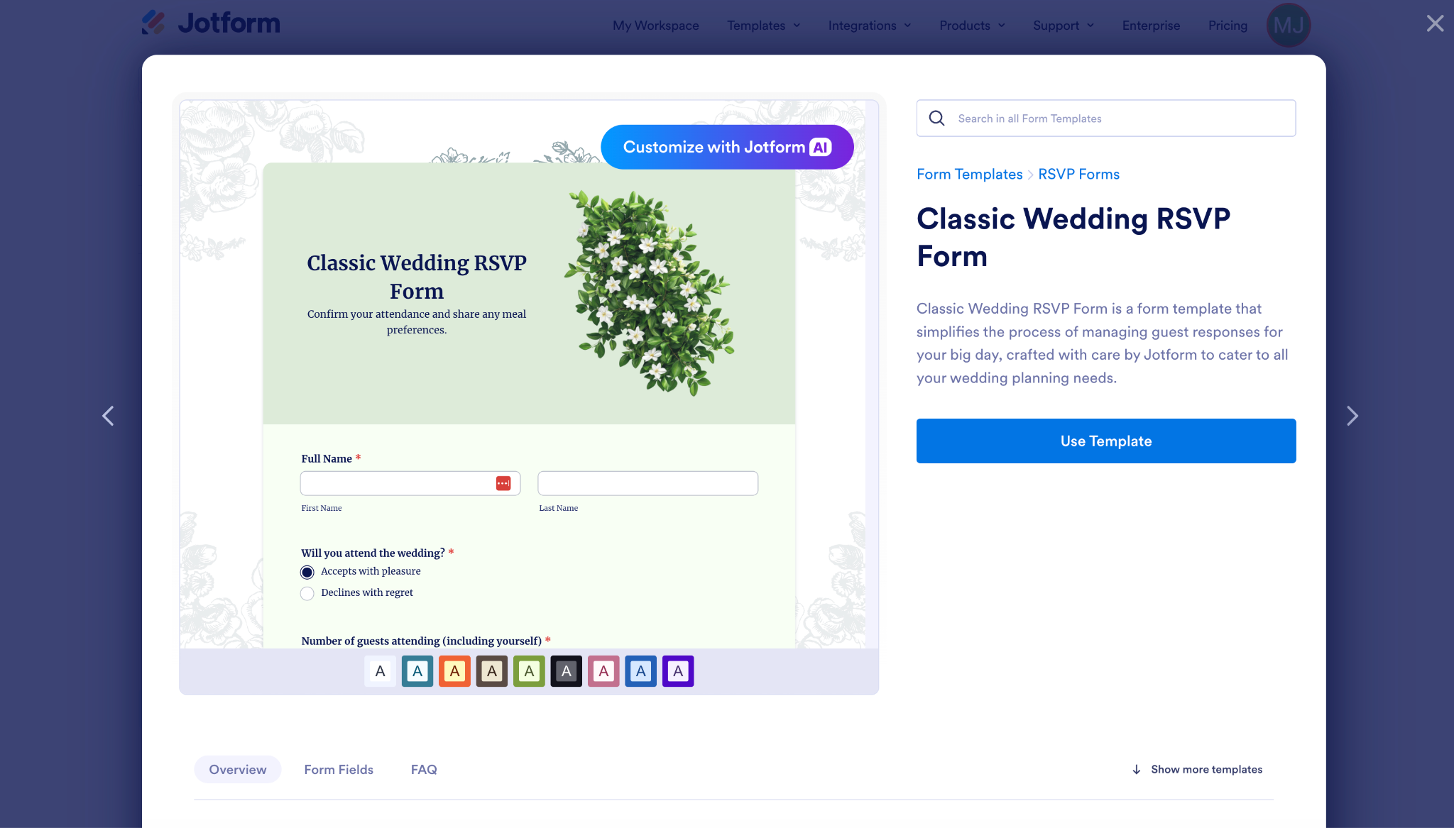 Jotform Classic Wedding RSVP Form template preview with guest information and attendance fields