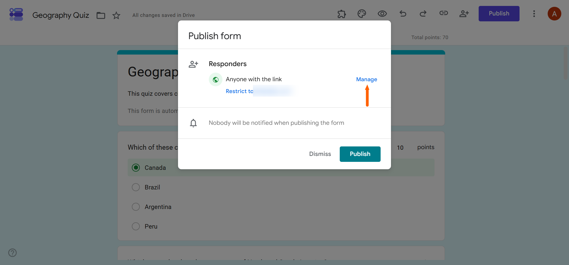 Google Forms Publish form dialog showing respondent access settings and the Manage link