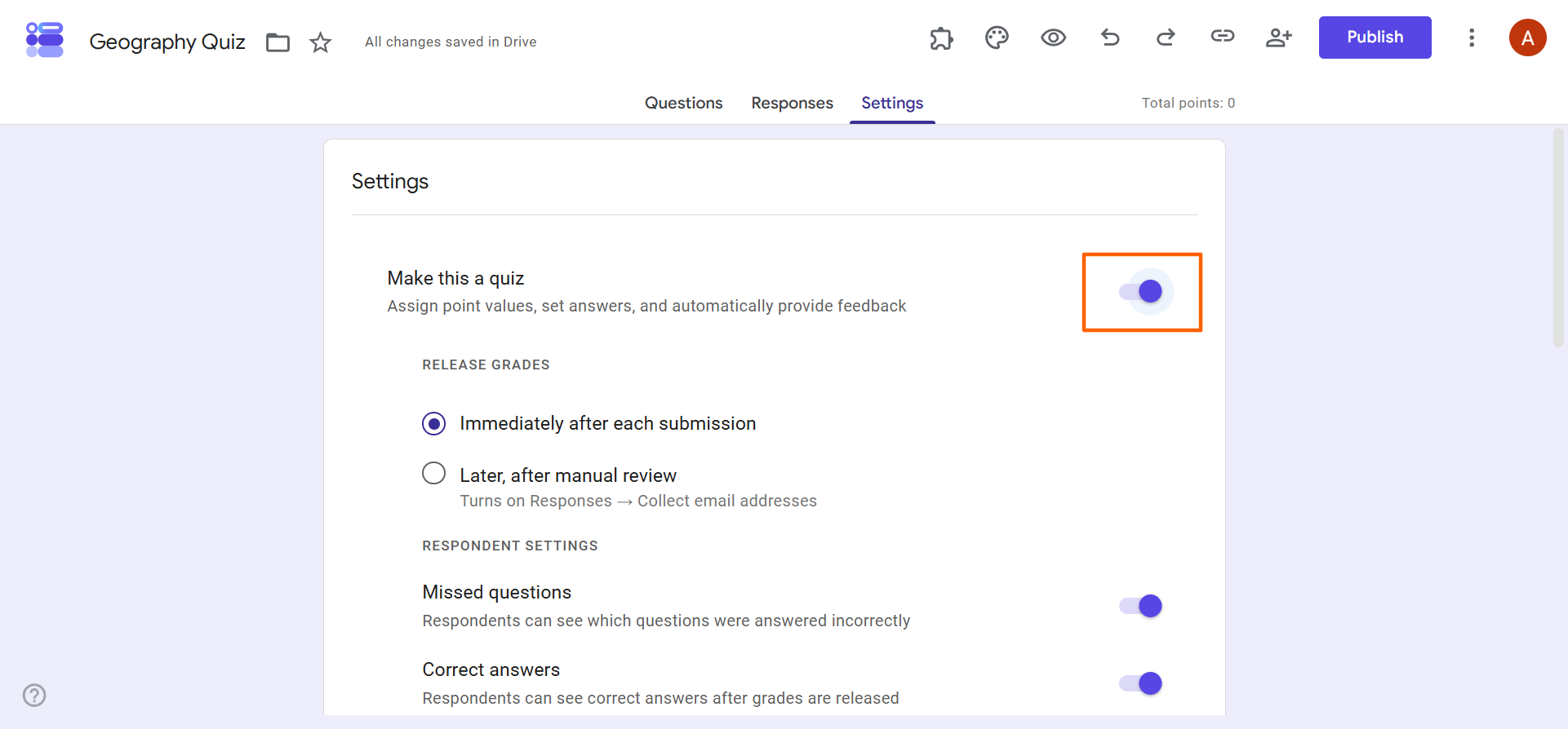 Google Forms quiz settings showing the Make this a quiz toggle enabled