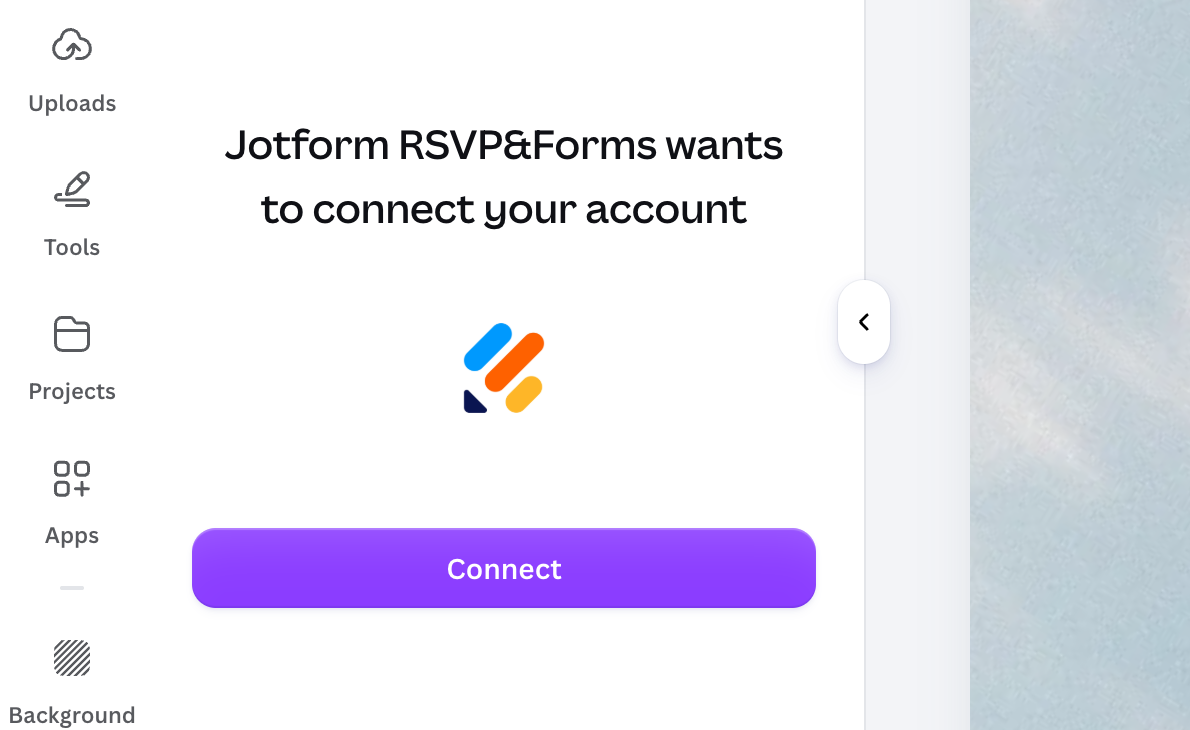 Schermata di connessione dell'account Jotform RSVP&Forms che mostra un pulsante Collega viola in Canva