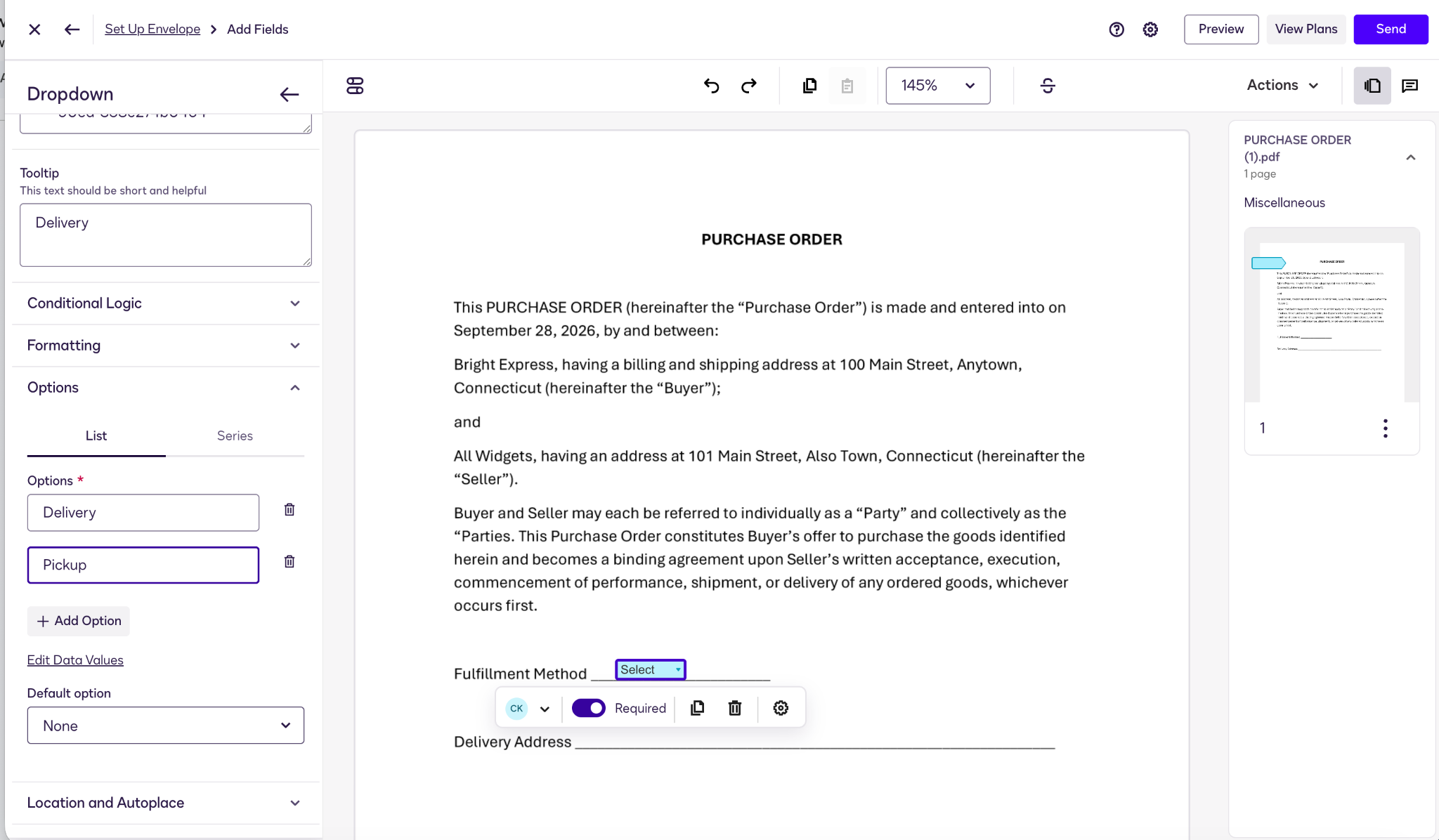 Docusign interface showing a dropdown field added next to text that reads "Fulfillment Method"