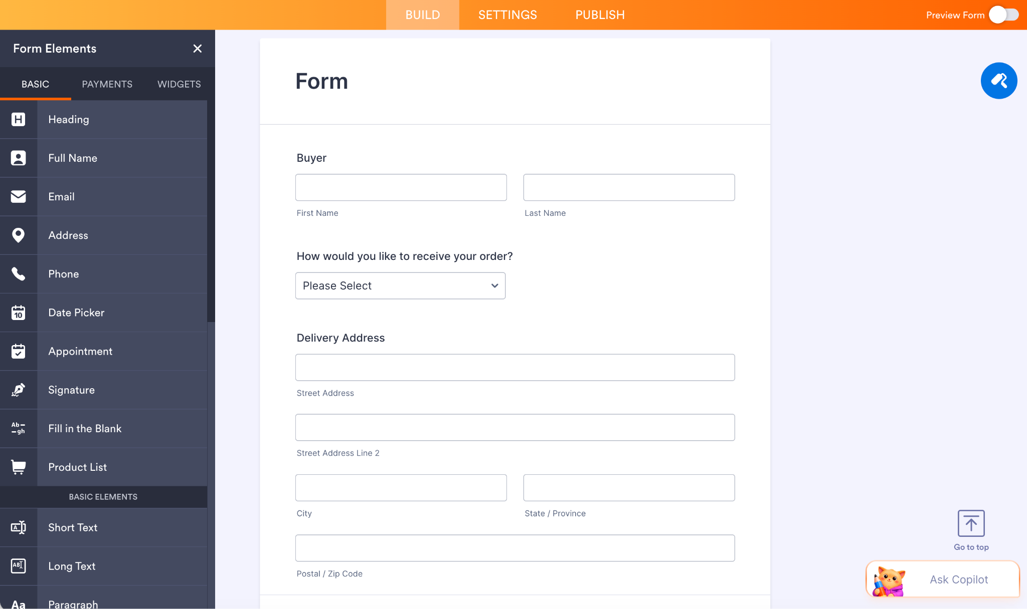 Jotform Form Builder interface showing an example delivery form