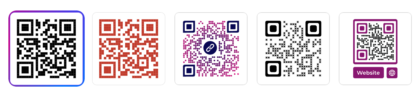 Five customizable QR code designs featuring different colors, patterns, and embedded icons