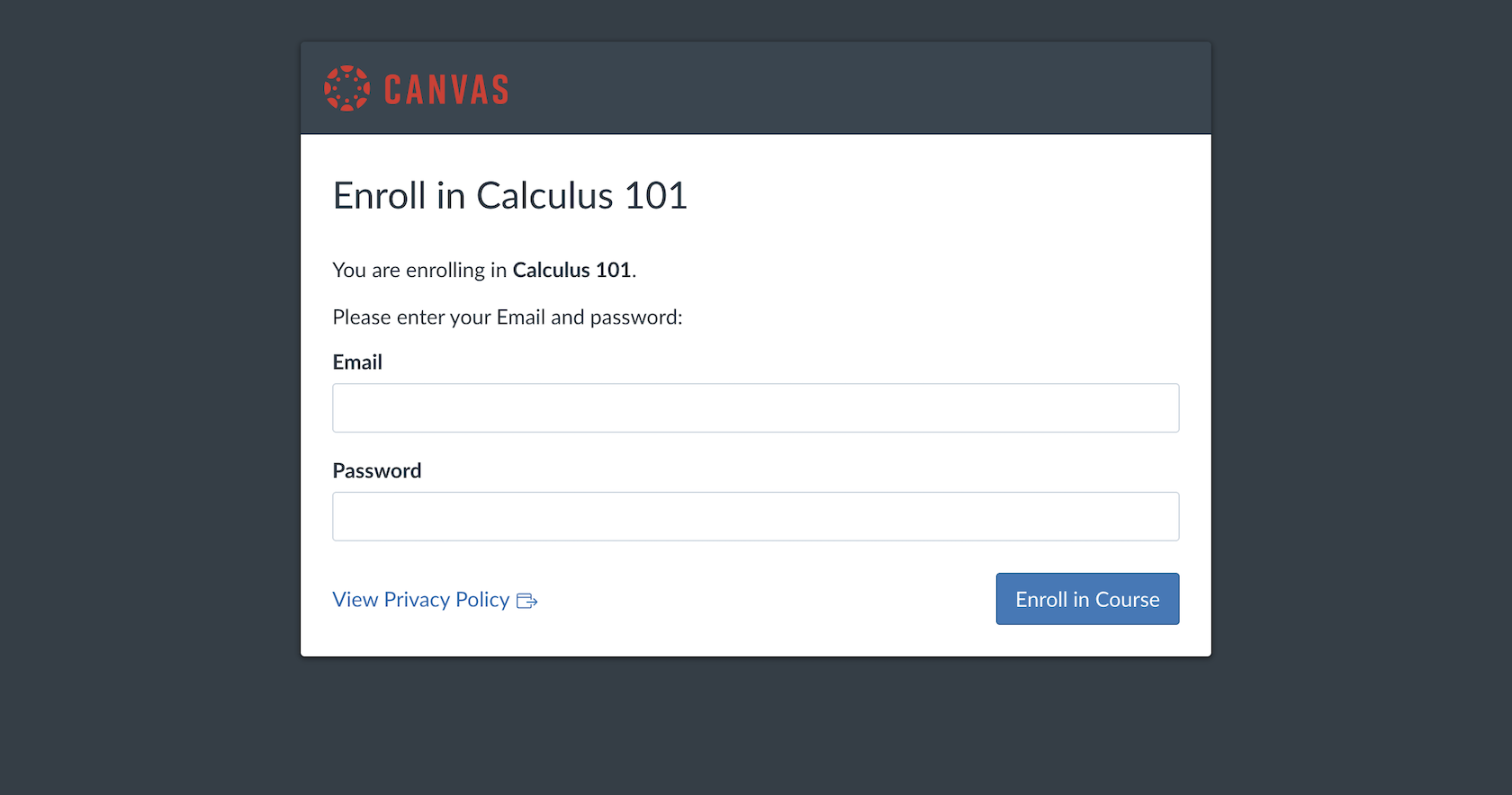 이메일과 비밀번호 필드가 있는 미적분학 101(Calculus 101)용 Canvas LMS 강좌 등록 양식