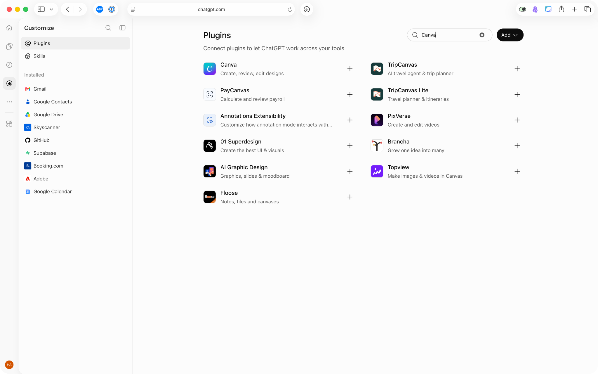 Resultados de búsqueda de Plugins de ChatGPT que muestran Canva y herramientas de diseño relacionadas disponibles para instalar