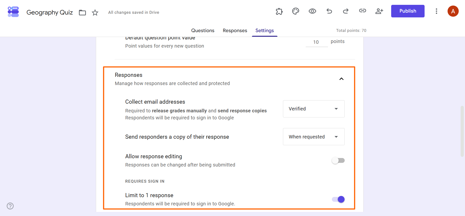 Google Forms response settings showing email collection, response copies, editing, and submission limits