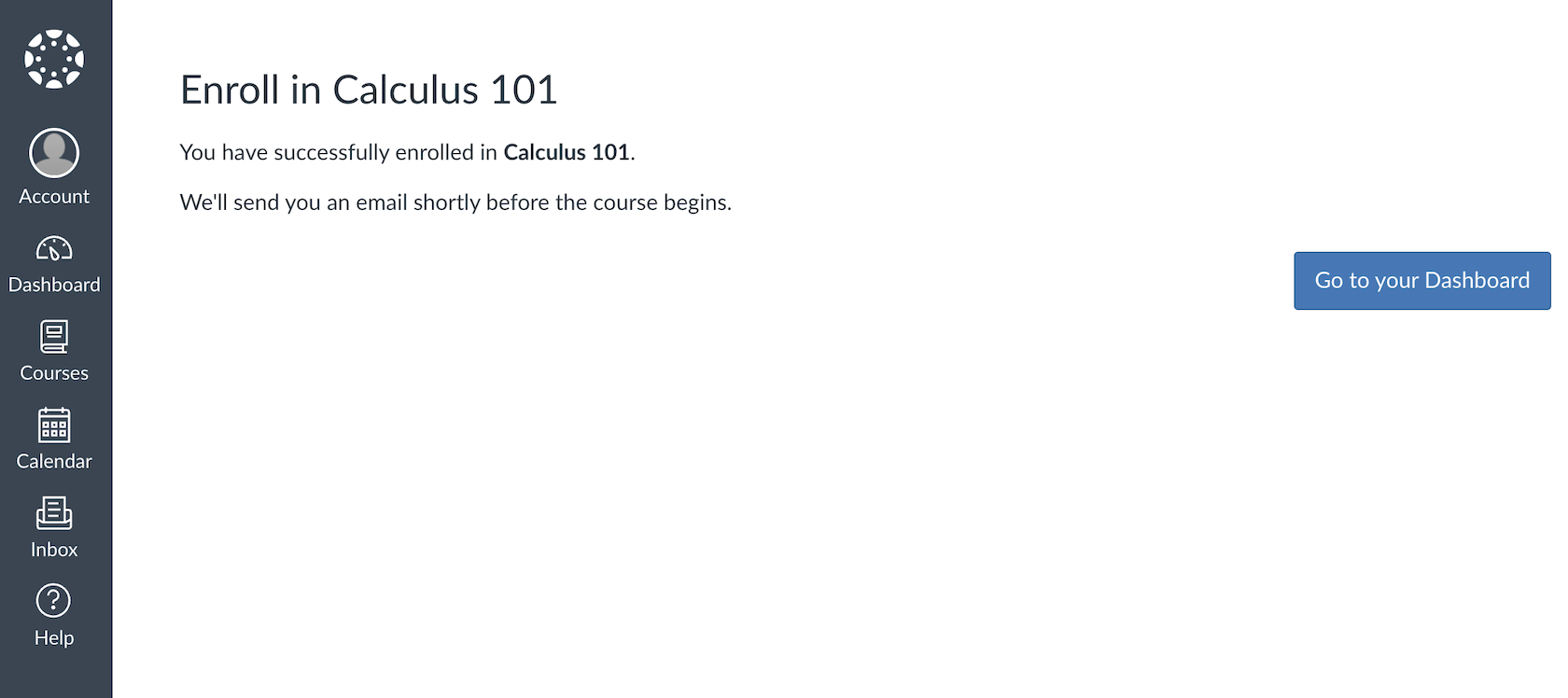 미적분학 101(Calculus 101) 강좌 등록이 성공적으로 완료되었음을 보여주는 Canvas LMS 확인 페이지