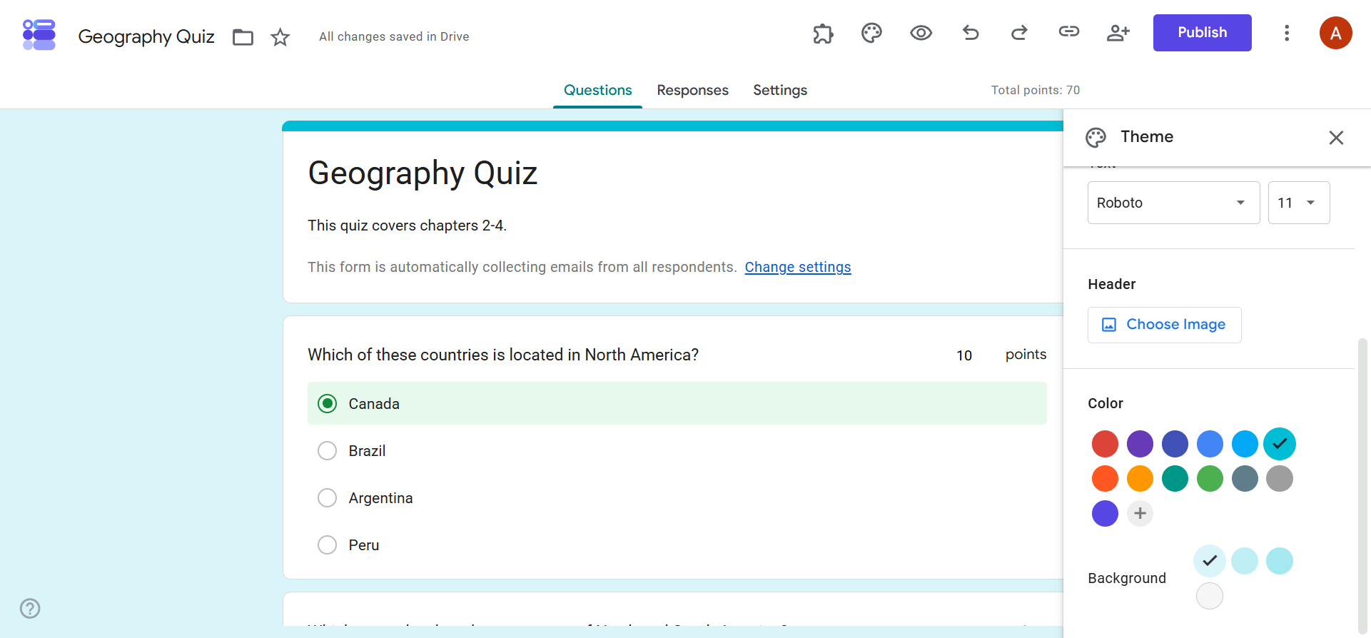 Google Forms theme customization panel showing font, header image, and color options