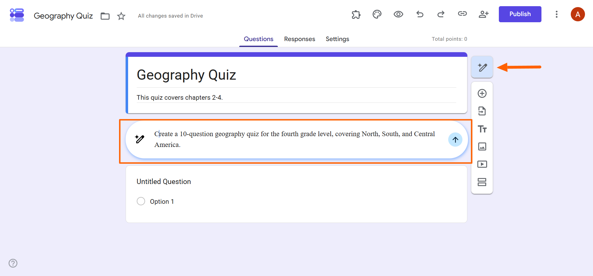 Google Forms Gemini prompt requesting a ten-question geography quiz about the Americas