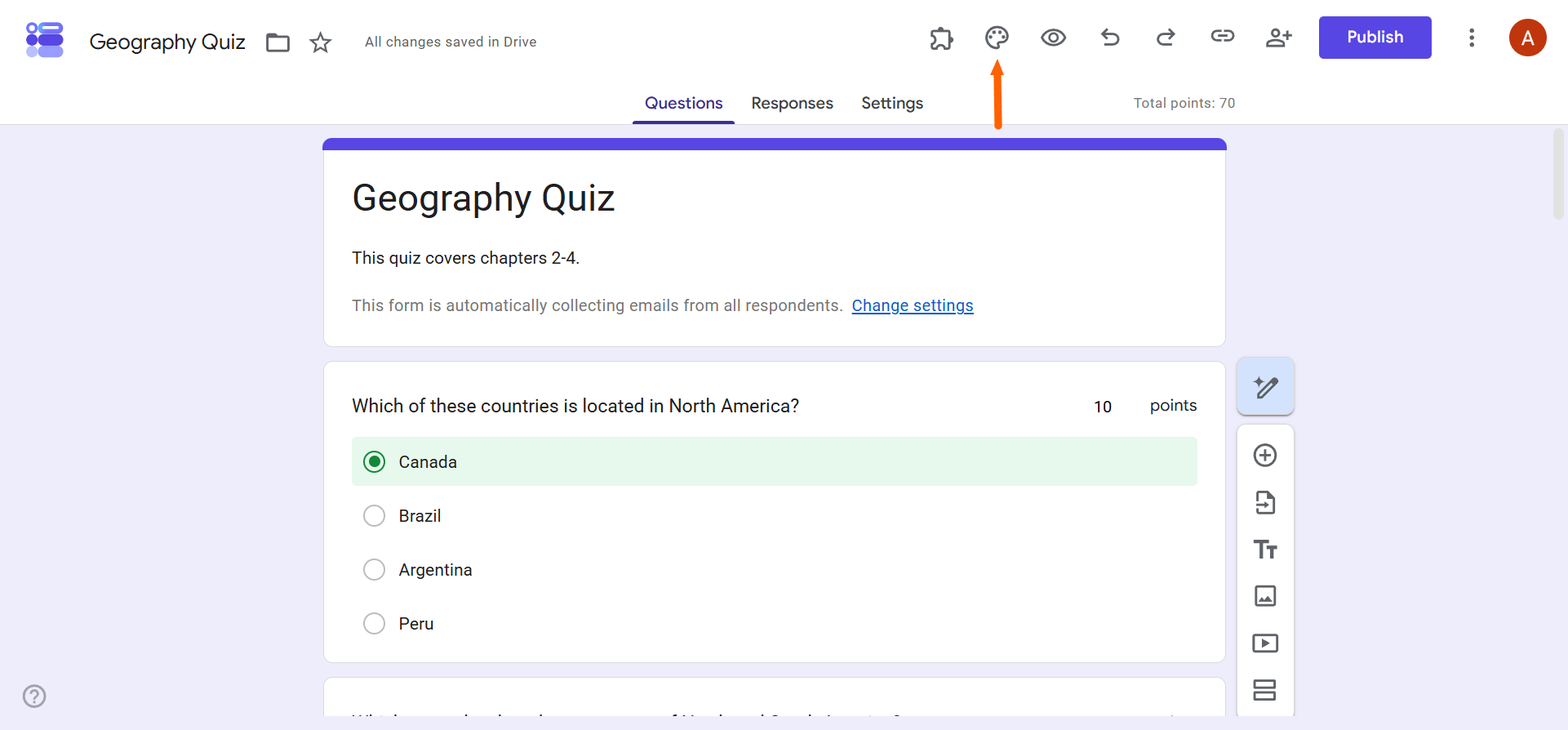 Google Forms Geography Quiz editor highlighting the theme customization icon in the toolbar