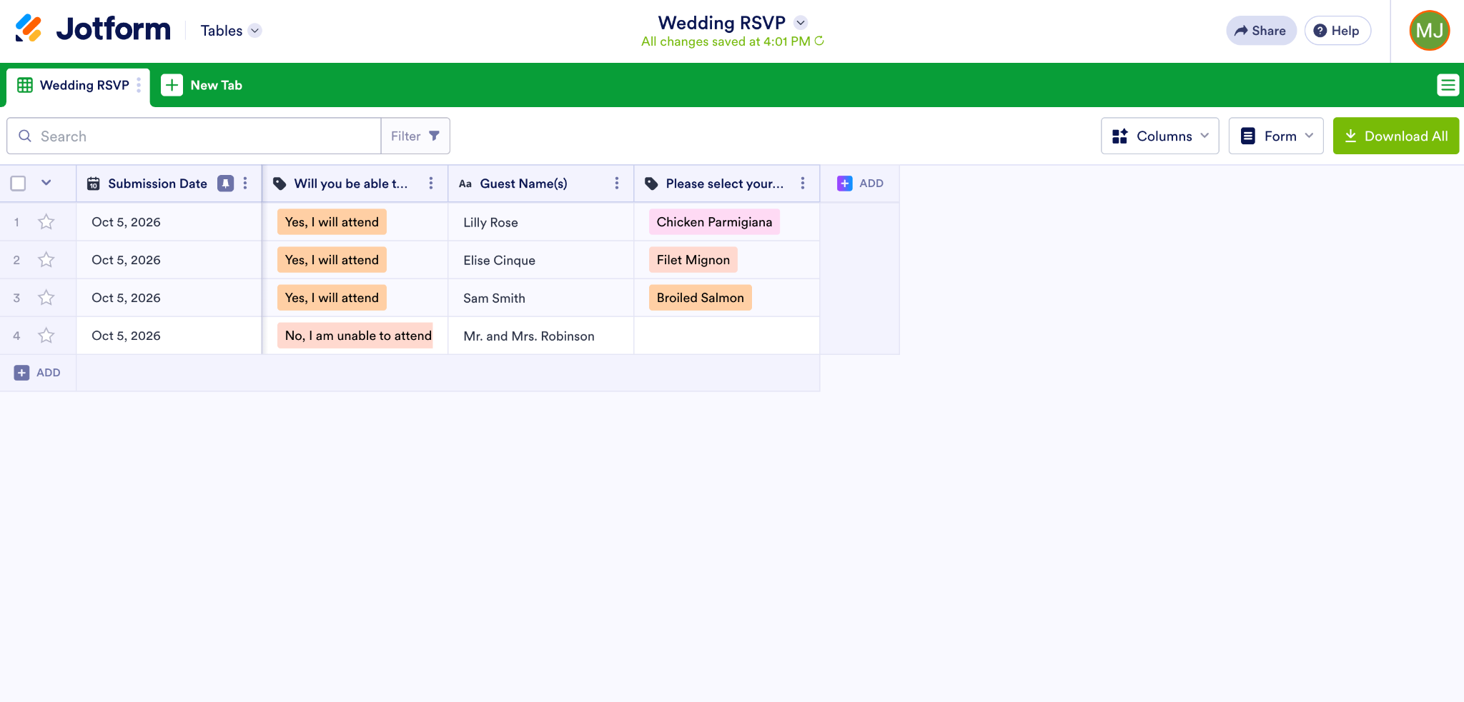 Jotform Tables displaying wedding RSVP submissions with guest names, attendance responses, and meal choices