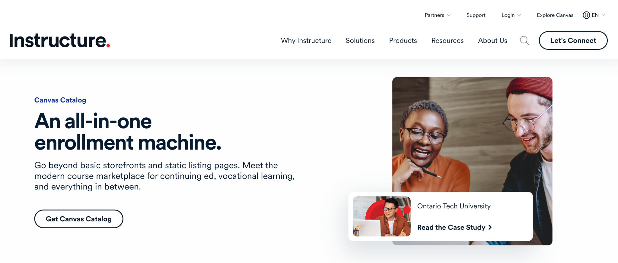 Instructure Canvas Catalog homepage promoting an all-in-one course enrollment and registration platform
