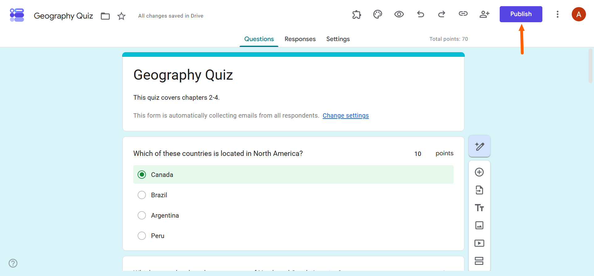 Google Forms Geography Quiz editor highlighting the Publish button in the top toolbar