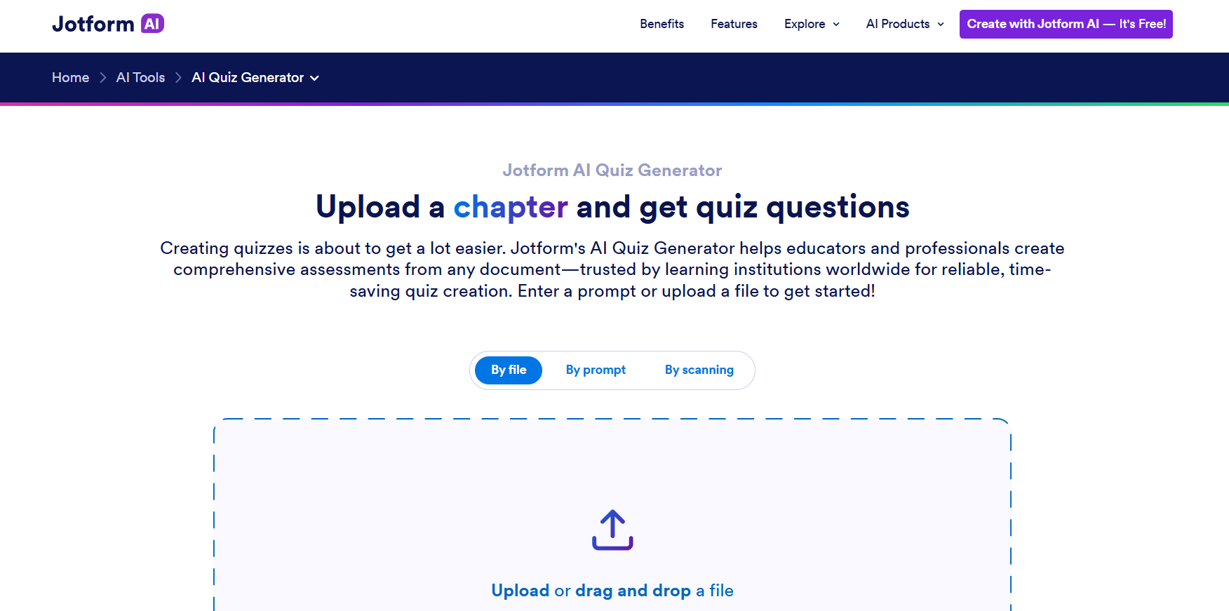 Jotform AI Quiz Generator page offering document uploads and prompt-based quiz creation