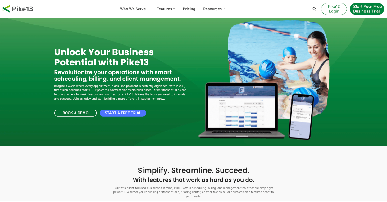 Pike13 homepage featuring scheduling, billing, and client management software for businesses