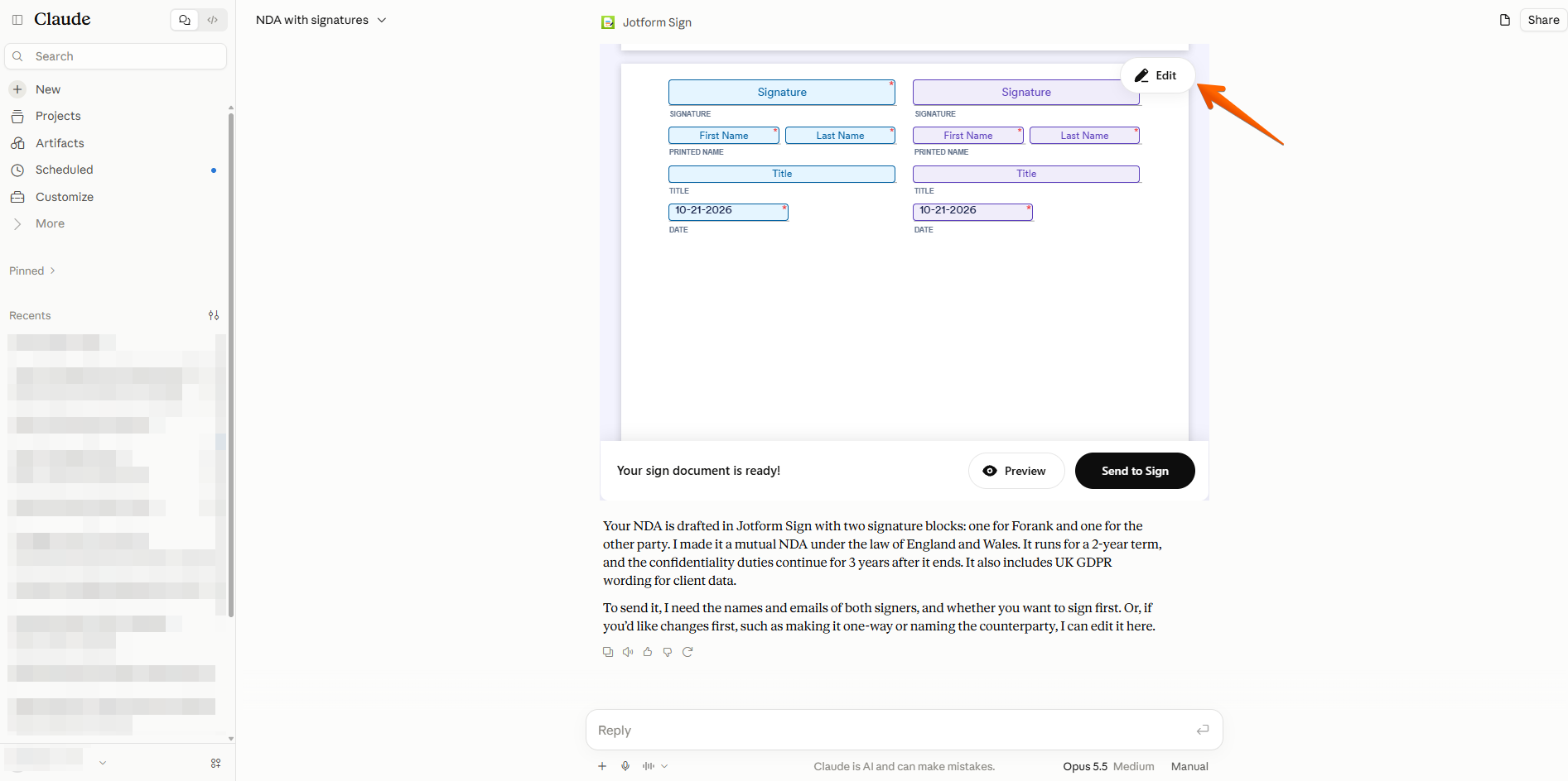 Jotform Sign document editor inside Claude showing signature fields and editing options