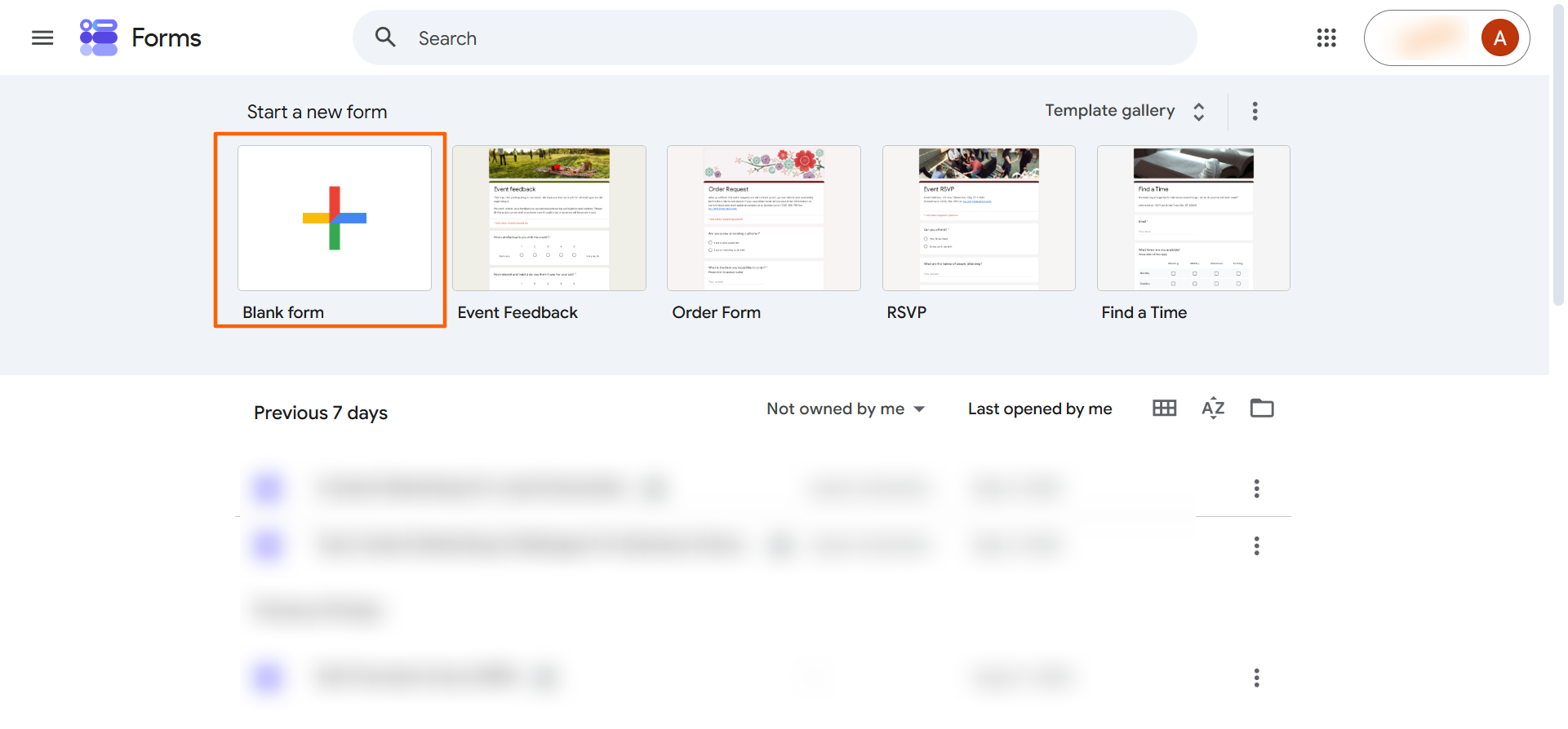 Google Forms homepage with the Blank form option highlighted for creating a new quiz