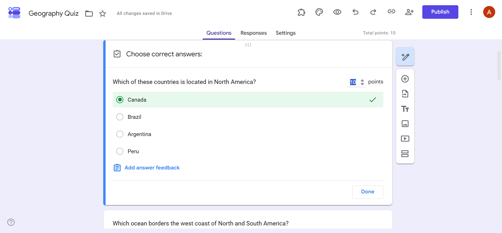 Google Forms answer key showing Canada selected as correct with ten points assigned