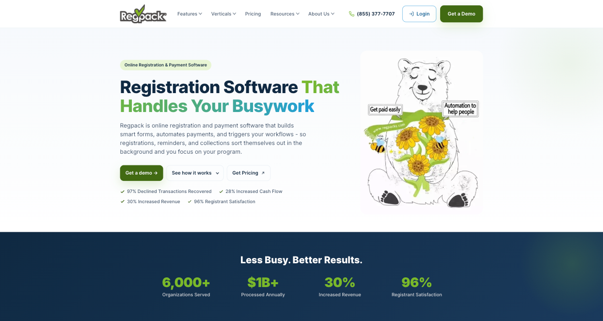 Regpack homepage highlighting online registration and payment software with automation features