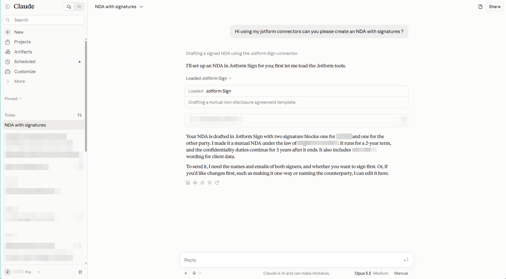Claude conversation using Jotform Sign to draft a nondisclosure agreement for signatures