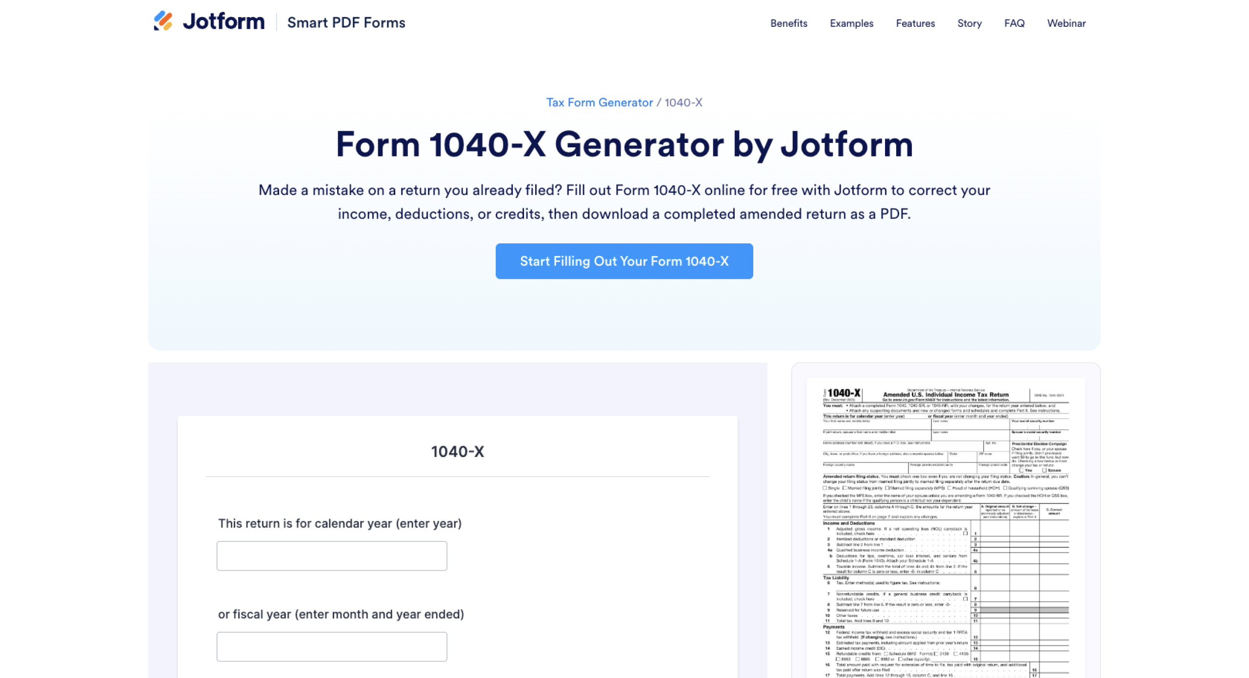 Jotform Form 1040-X Generator Landing Page