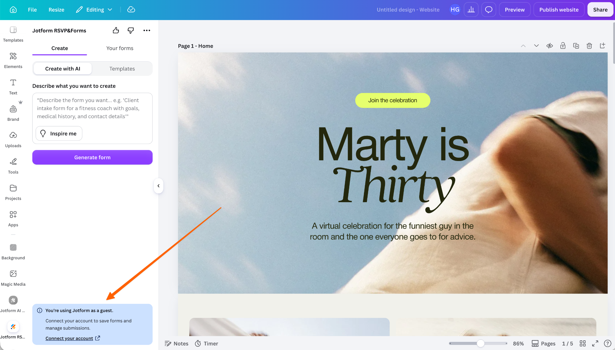 App Jotform RSVP&Forms in Canva che mostra le opzioni di connessione dell'account per gli utenti ospiti