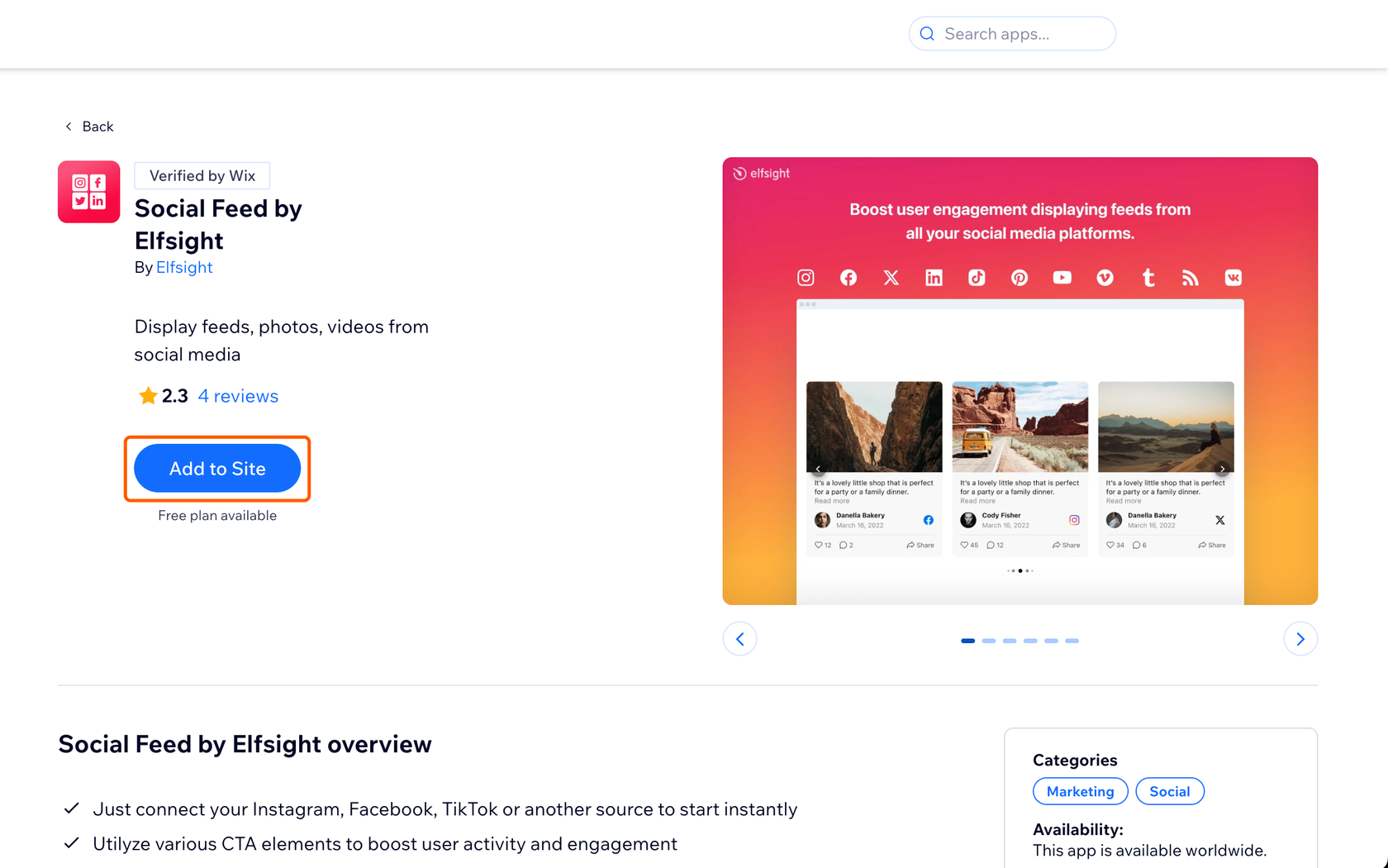 사이트에 추가 버튼이 있는 Wix 앱 마켓의 Social Feed by Elfsight 목록