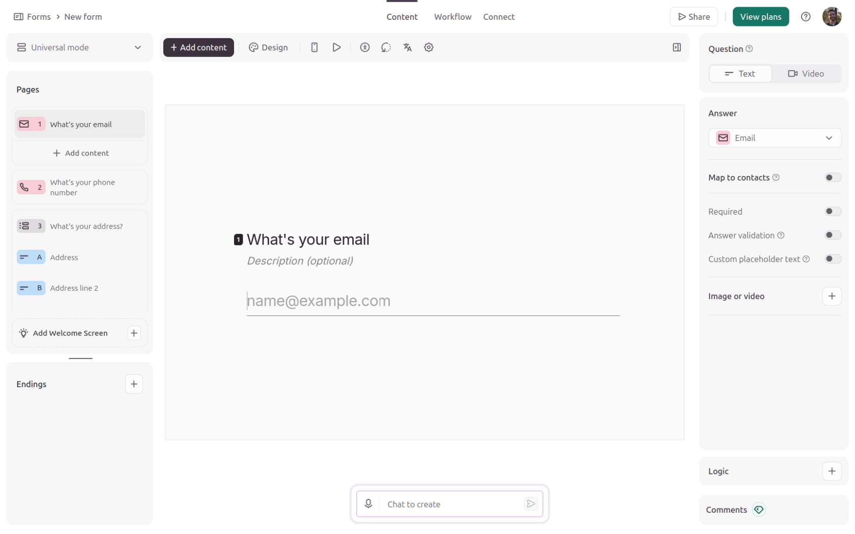Creador de Typeform mostrando una pregunta de correo electrónico, la navegación por páginas y los ajustes de configuración de campos