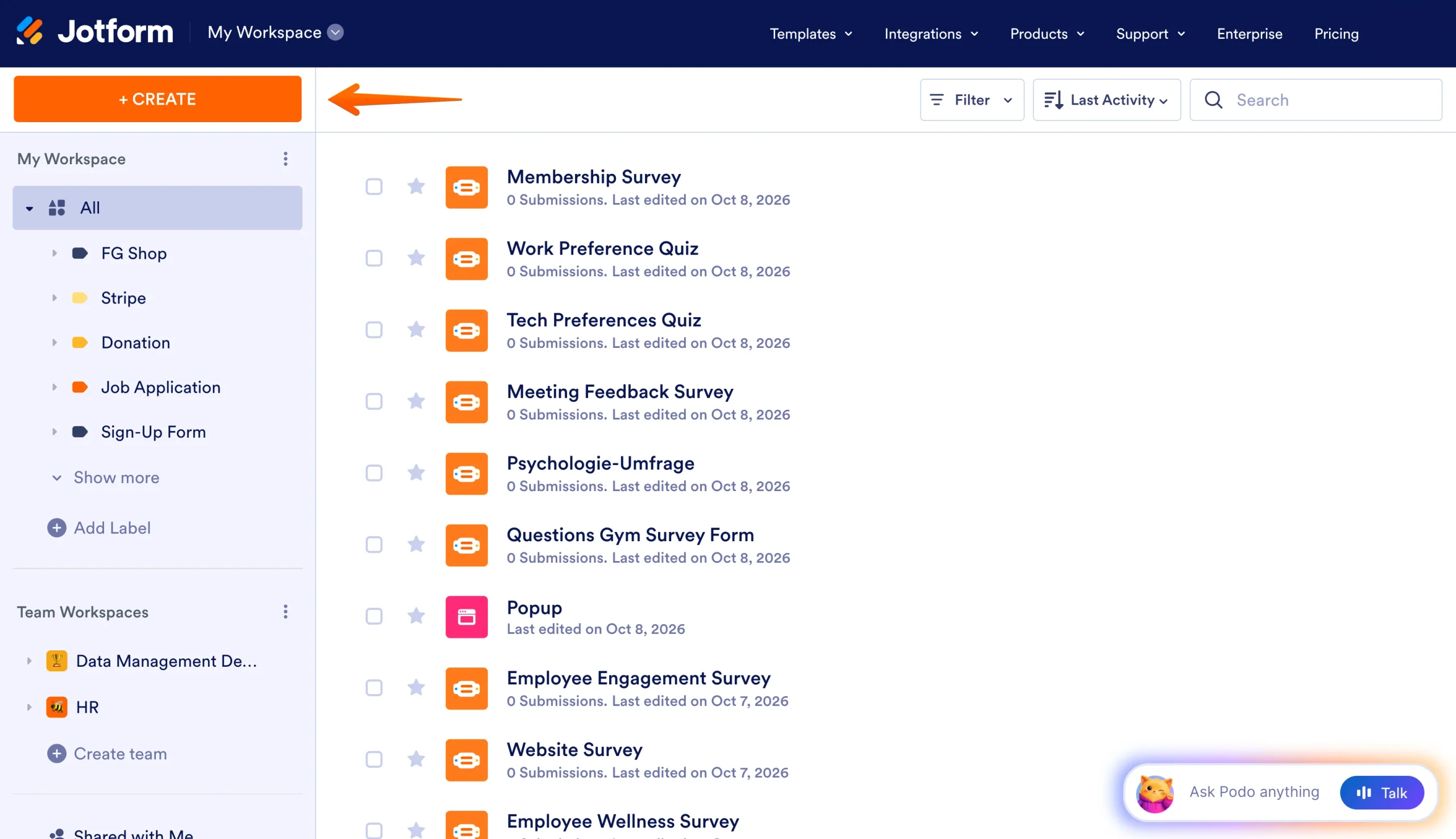 Jotform Workspace dashboard with the orange Create button highlighted to start a new document