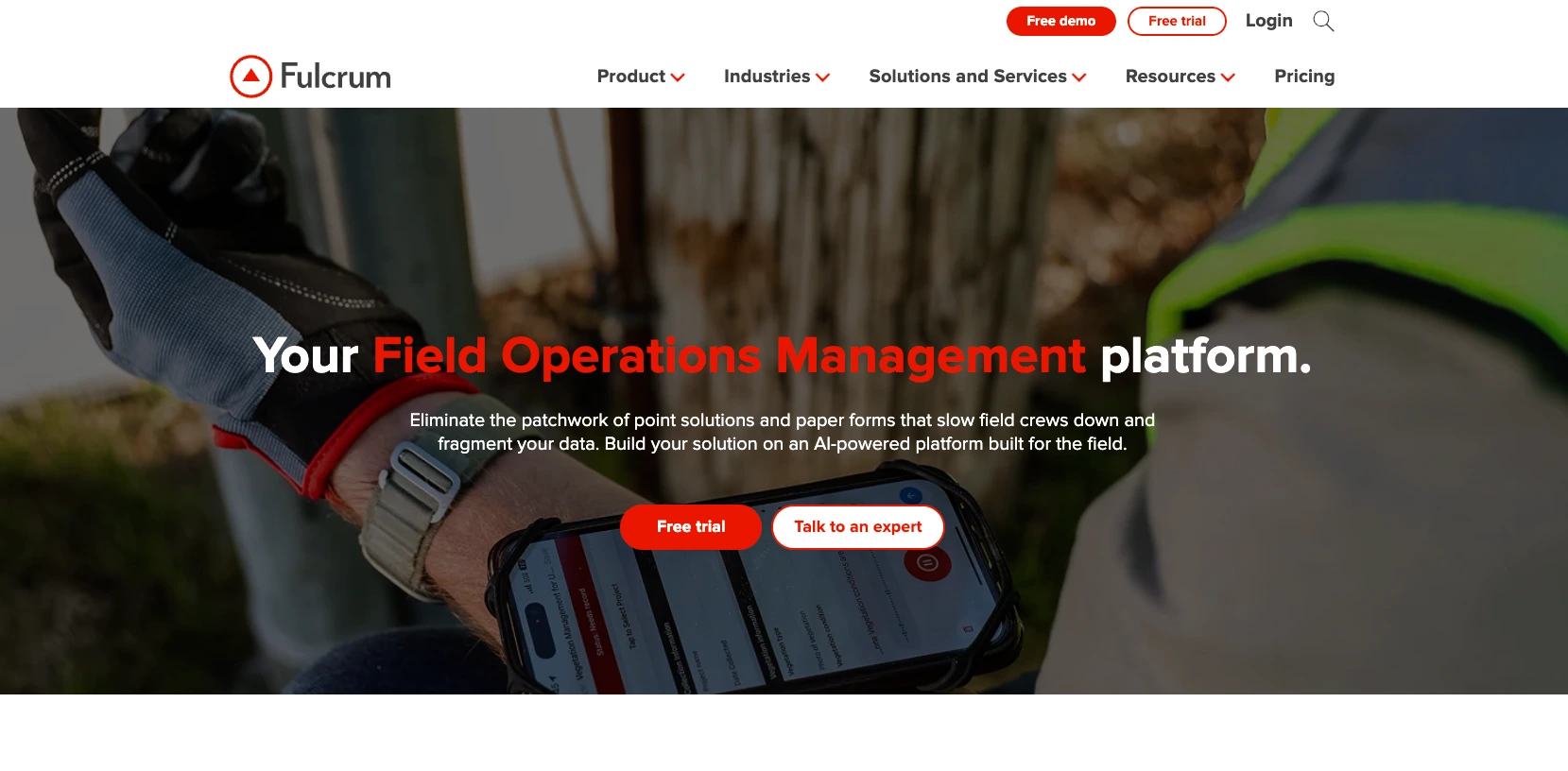 Fulcrum 랜딩 페이지 스크린샷, 'Your Field Operations Management platform