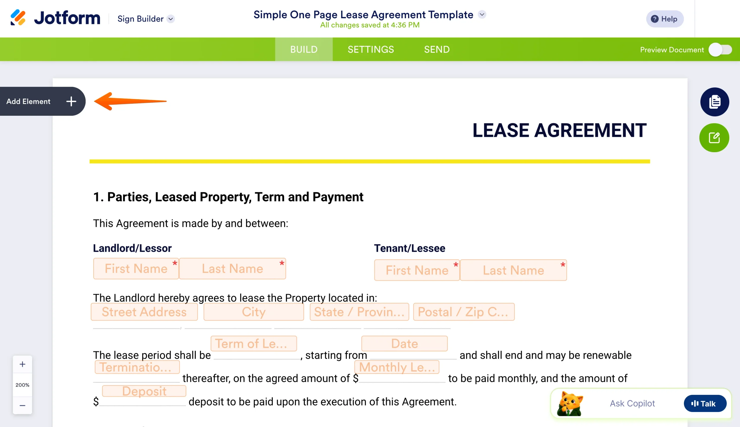Jotform Sign Builder displaying a lease agreement with the Add Element button highlighted