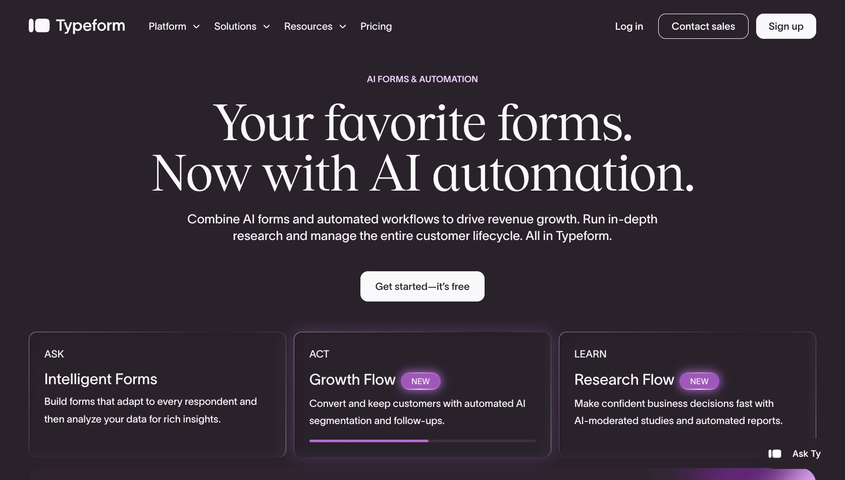 Typeform homepage highlighting AI-powered forms, automation, and customer research workflows