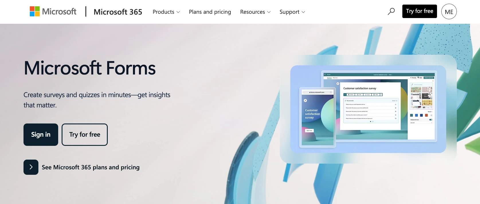 Microsoft Forms homepage featuring survey and quiz creation tools with Microsoft 365 integration