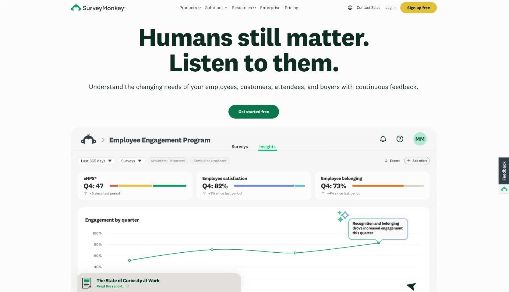 SurveyMonkey homepage highlighting employee feedback analysis, engagement metrics, and survey insights
