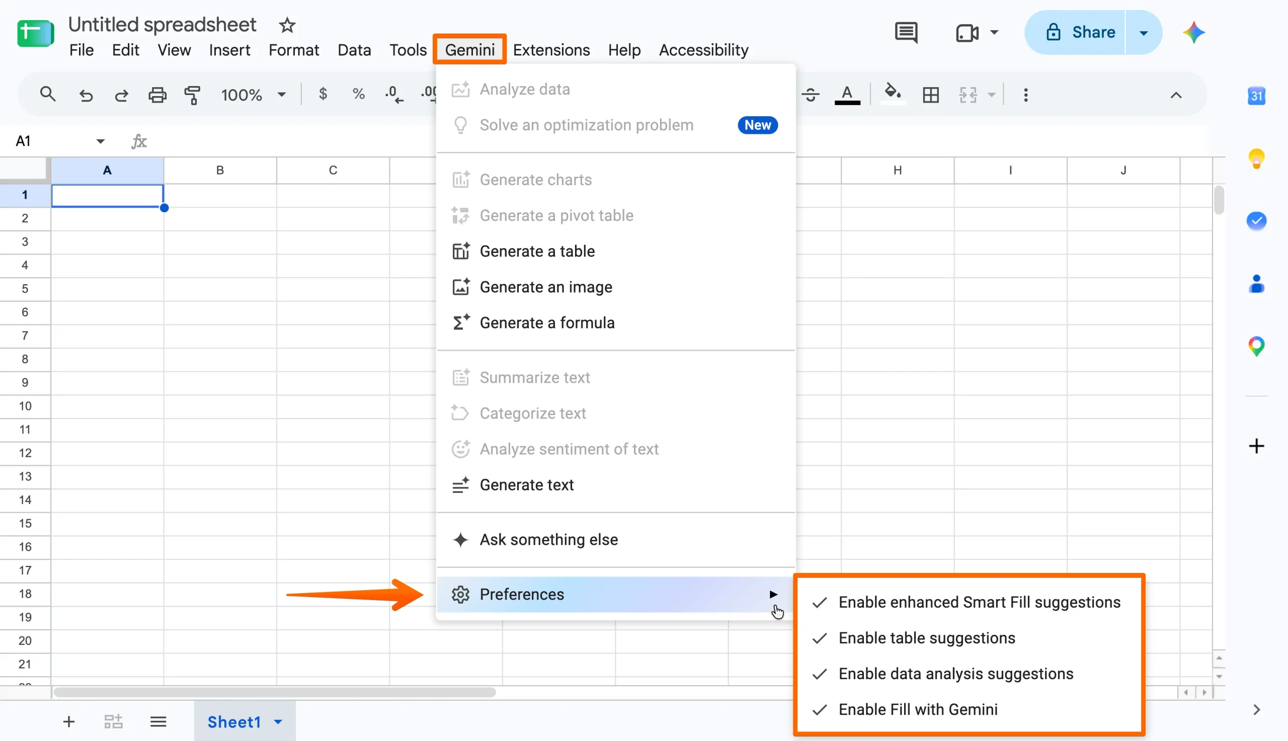 Google Sheets Gemini Preferences menu showing options to enable or disable AI-powered suggestions