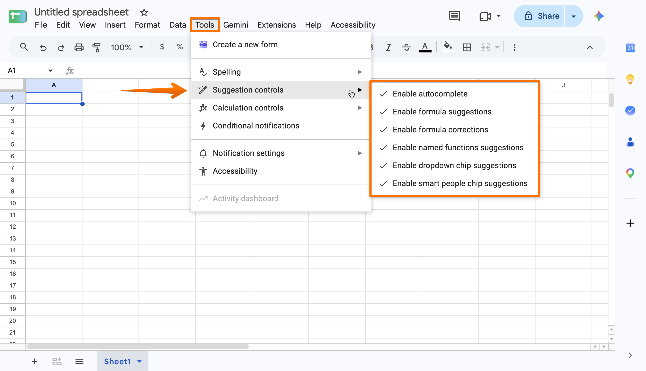 Google Sheets Tools menu displaying suggestion controls for autocomplete, formulas, and smart chips