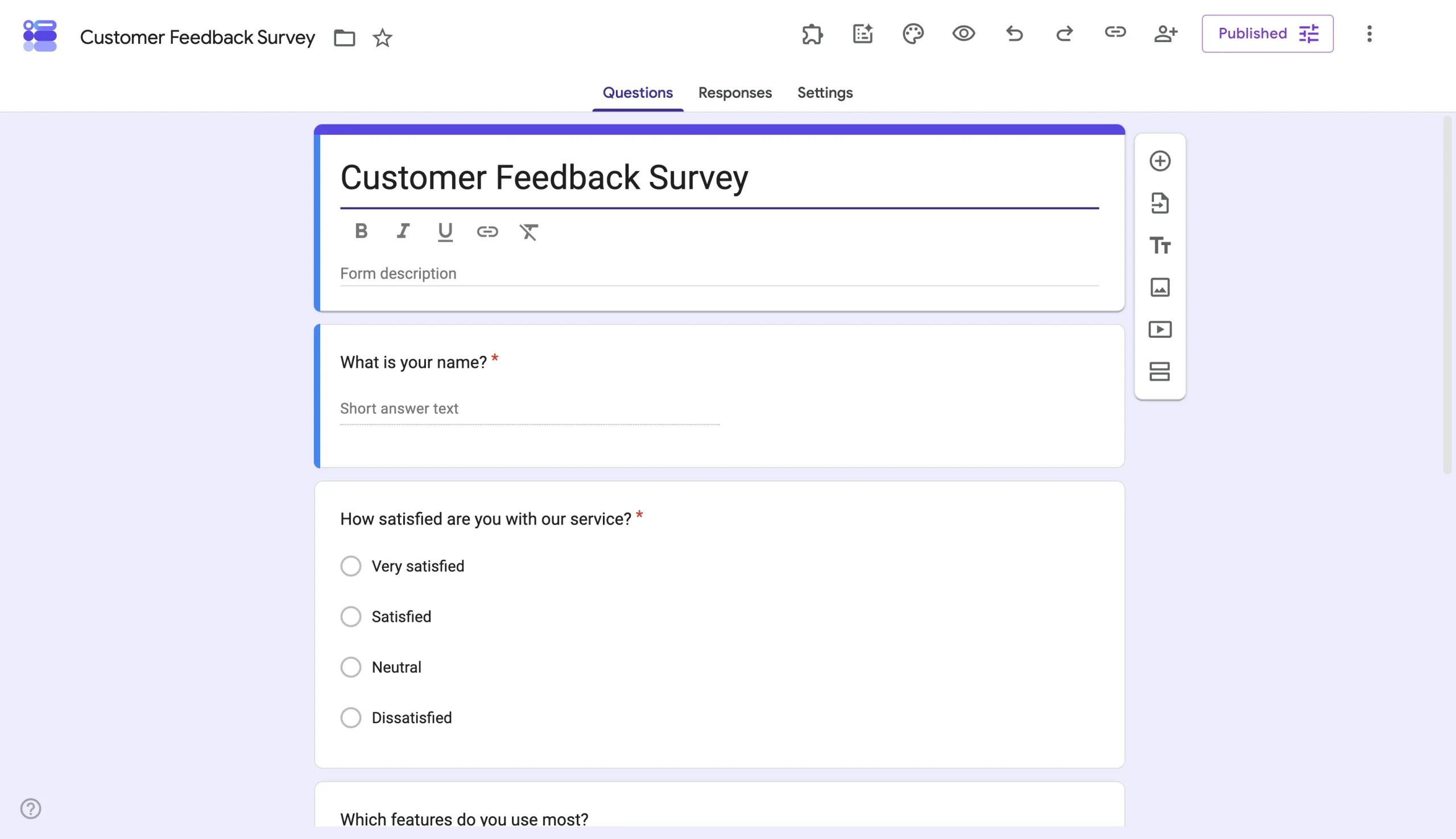 Google Forms editor showing a customer feedback survey with multiple question types