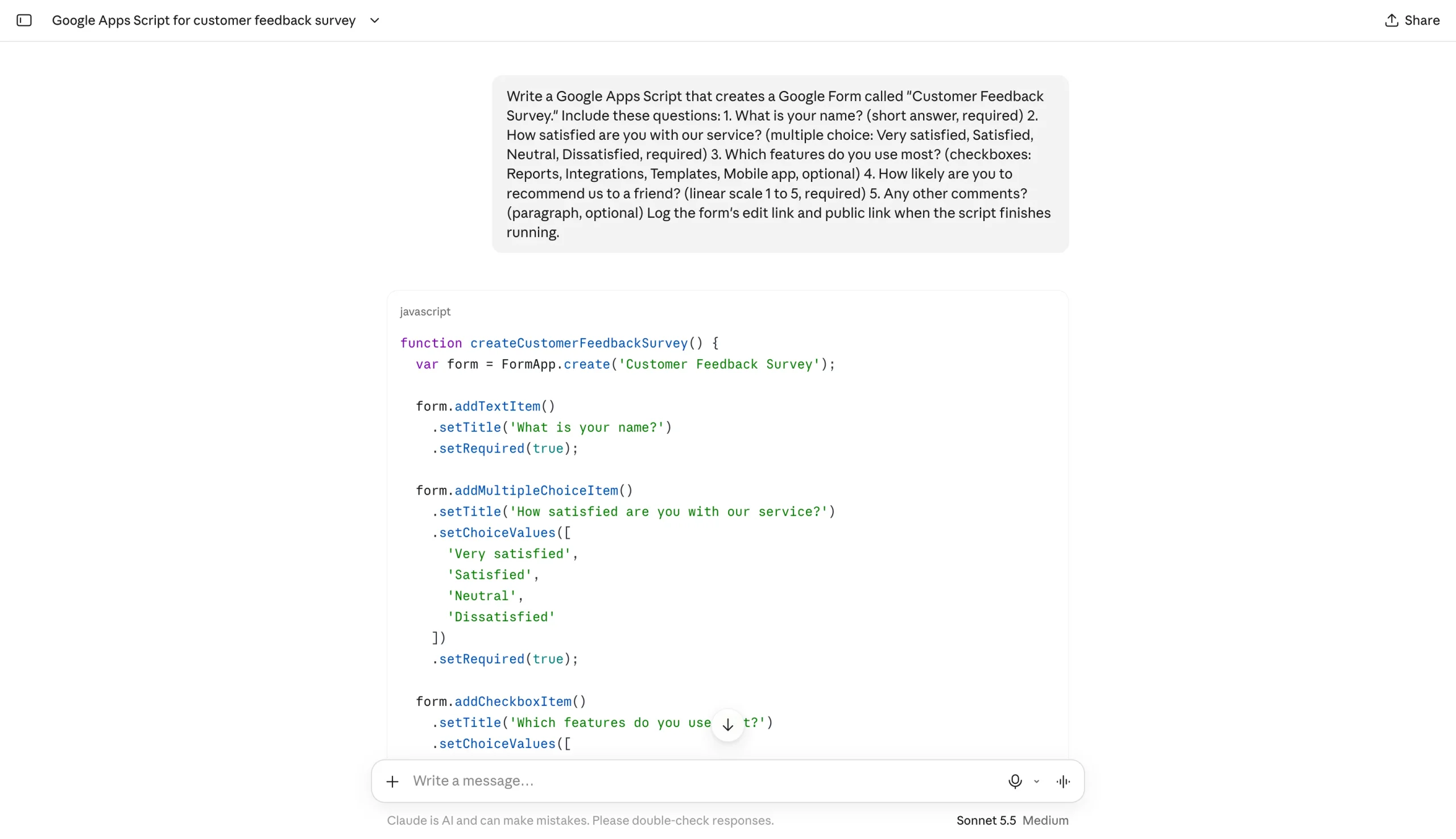 Claude generates Google Apps Script code for creating a customer feedback survey