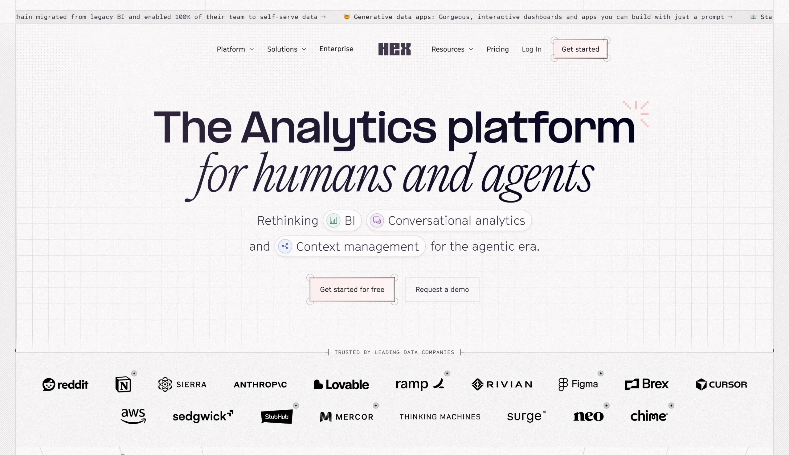 لقطة شاشة لصفحة الهبوط الخاصة بـ Hex، تظهر العنوان "منصة التحليلات للبشر والوكلاء"