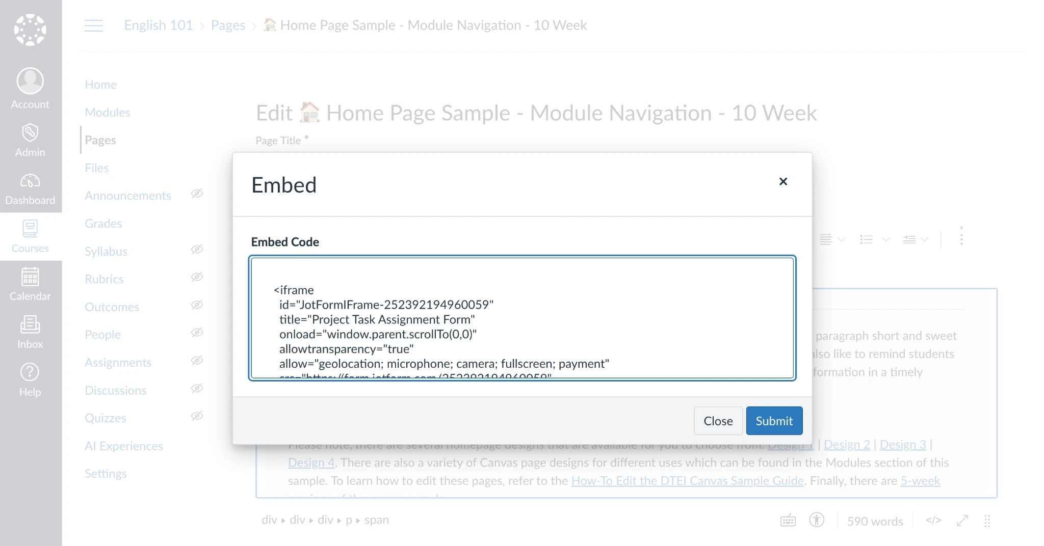 임베드 팝업 화면을 보여주는 Canvas LMS 인터페이스