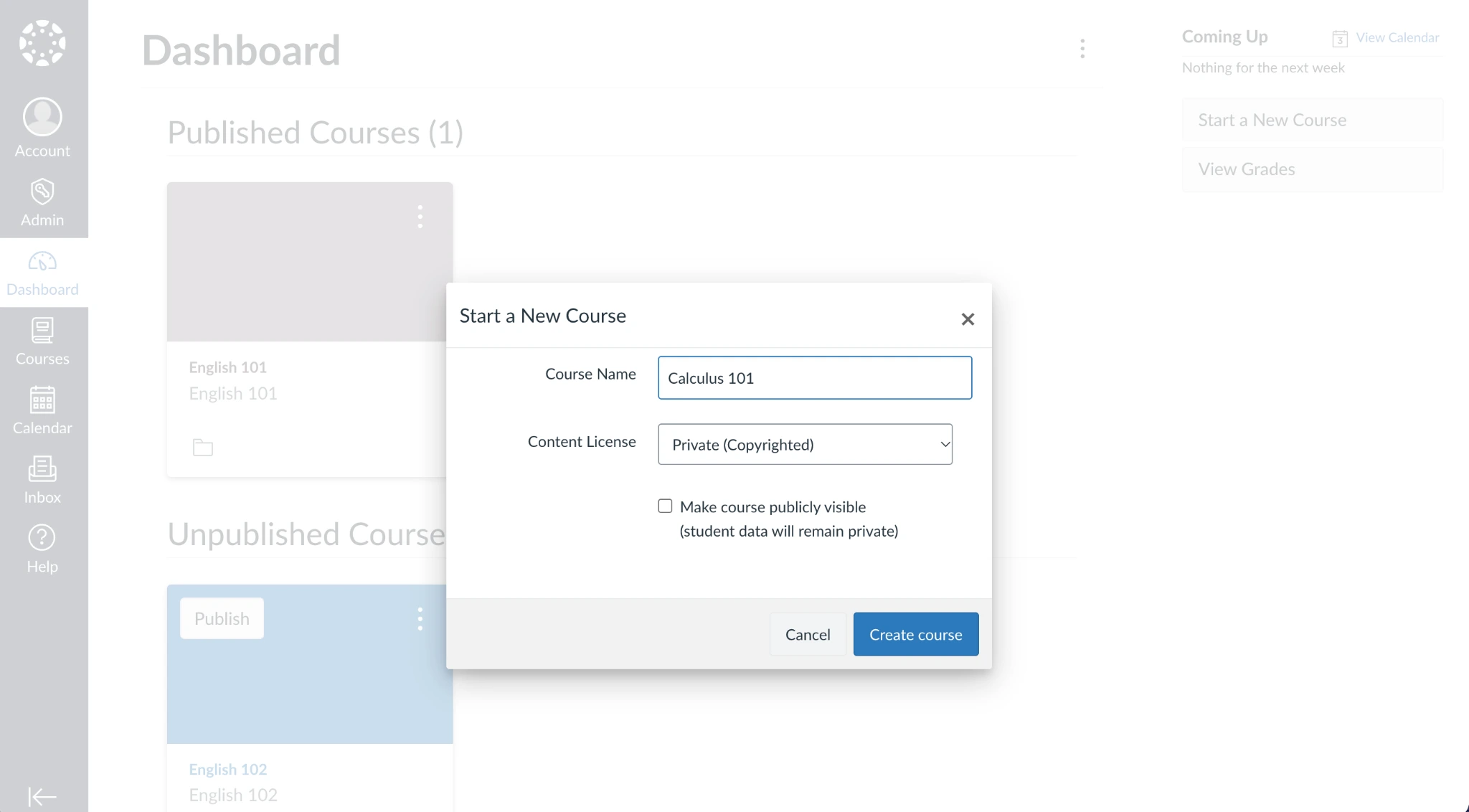 새 코스 시작 팝업 화면을 보여주는 Canvas LMS 인터페이스