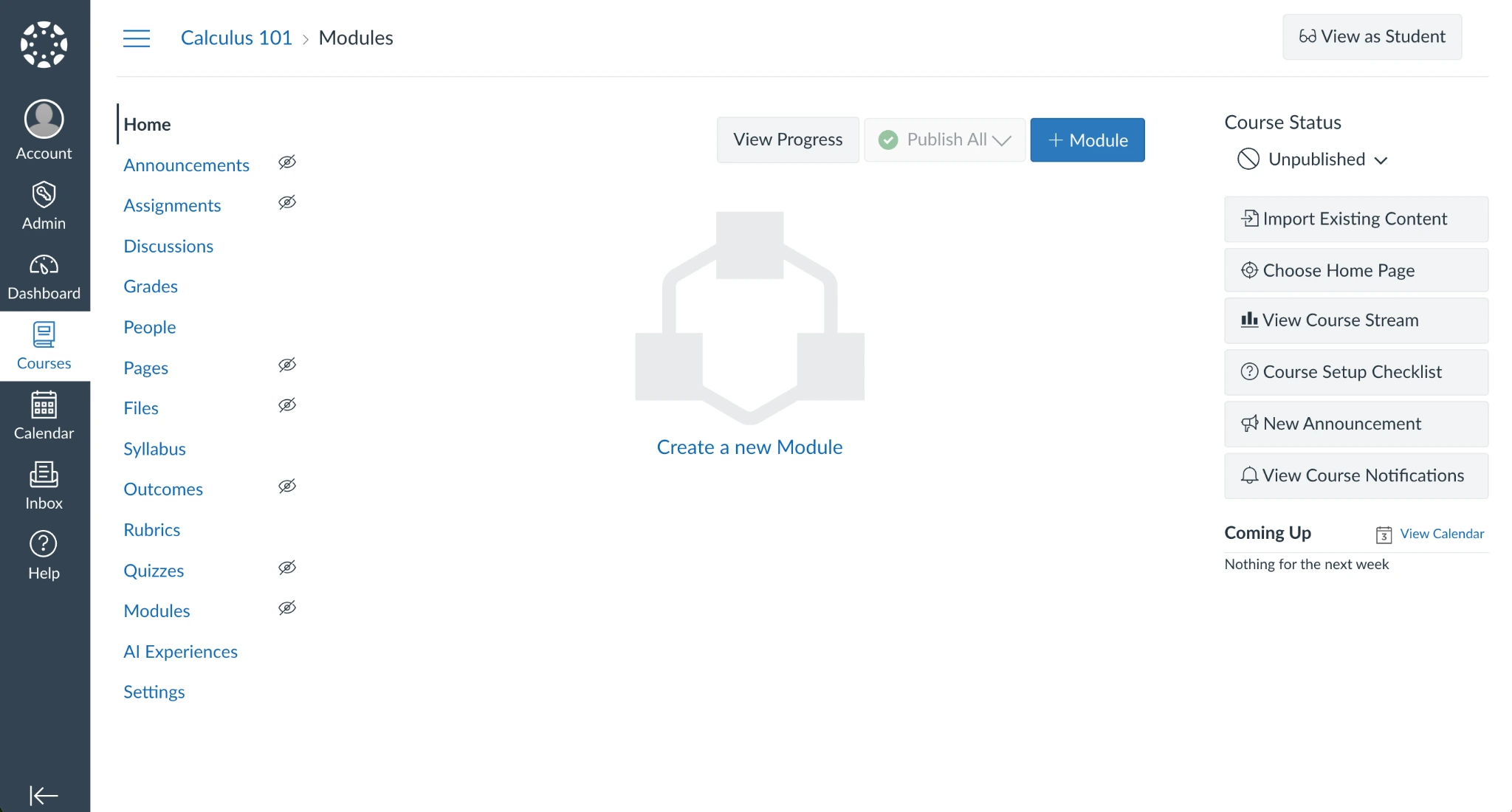 빈 코스를 보여주는 Canvas LMS 인터페이스