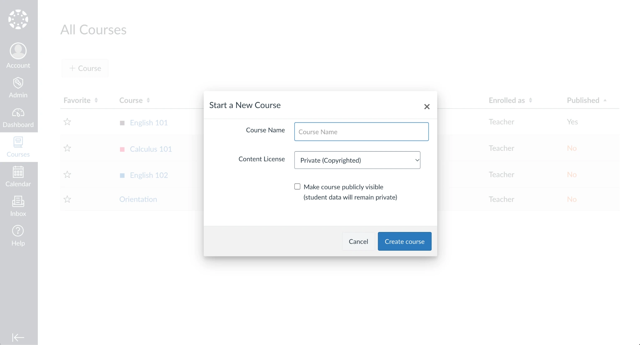 새 코스 시작 팝업 화면을 보여주는 Canvas LMS 인터페이스