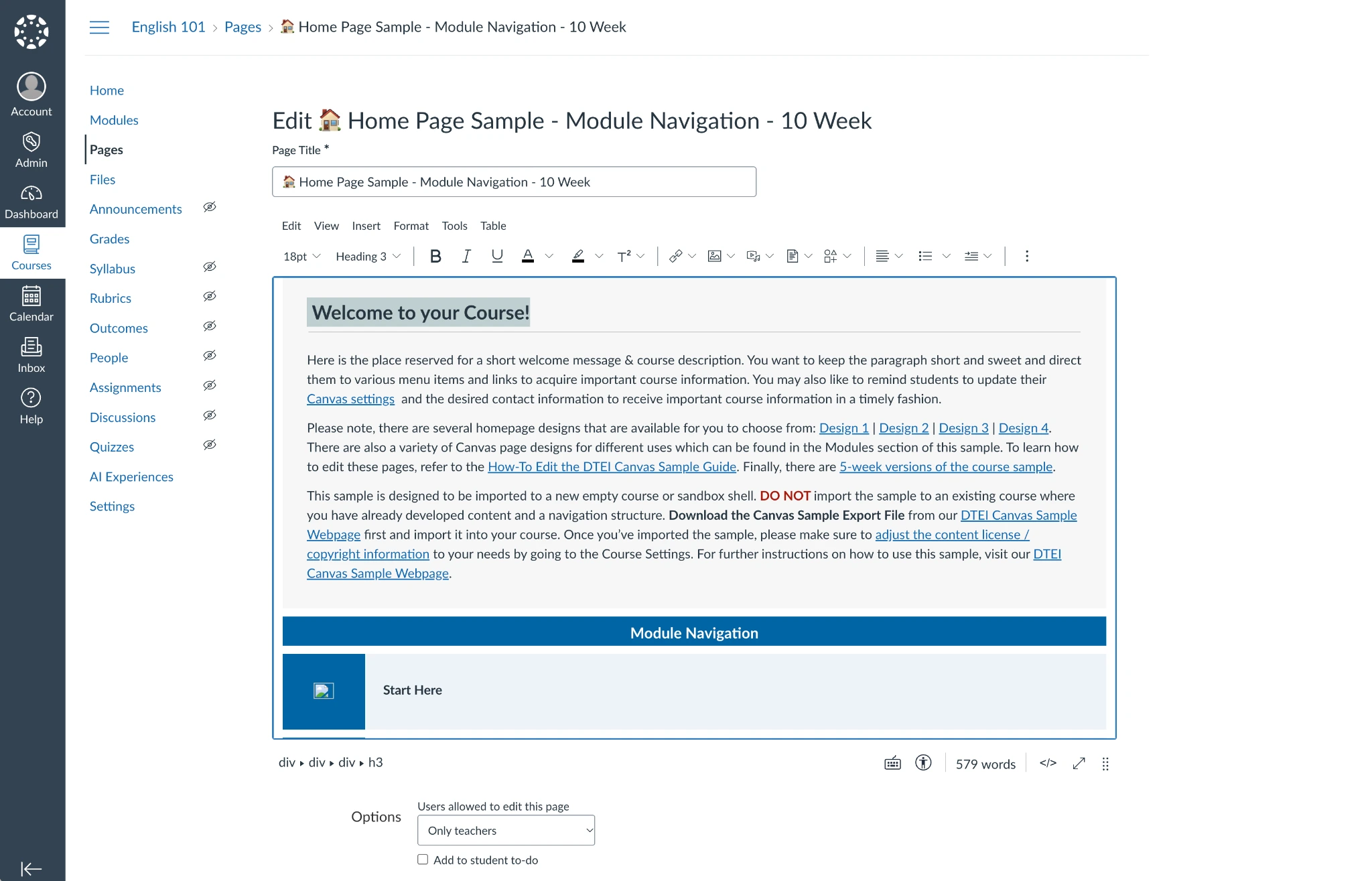 예시 페이지를 보여주는 Canvas LMS 인터페이스