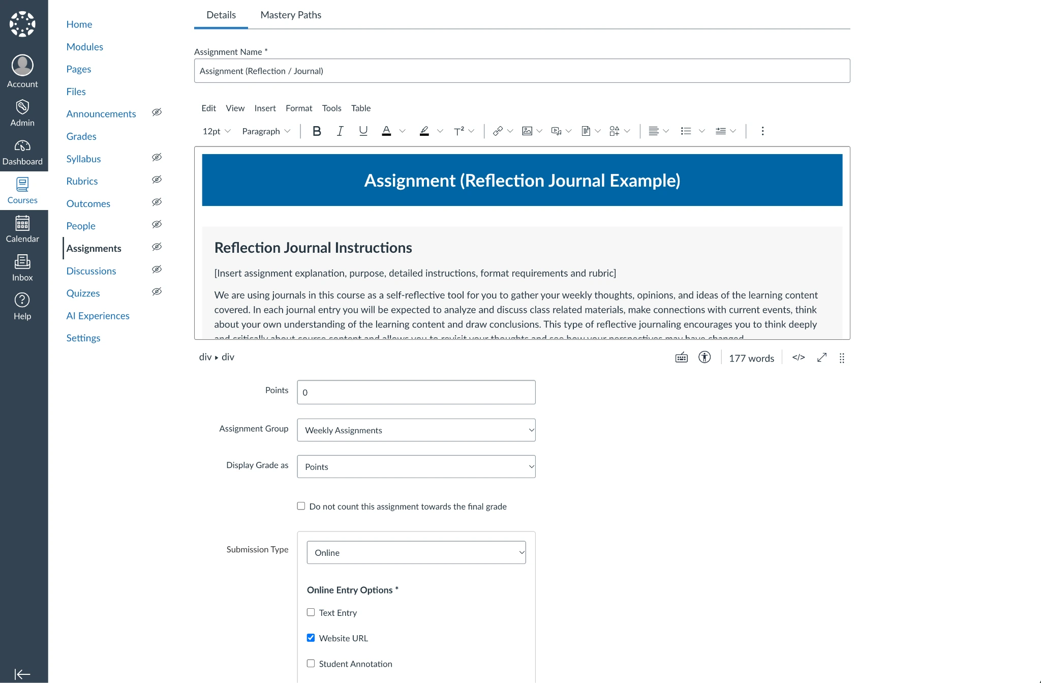 예시 과제를 보여주는 Canvas LMS 인터페이스