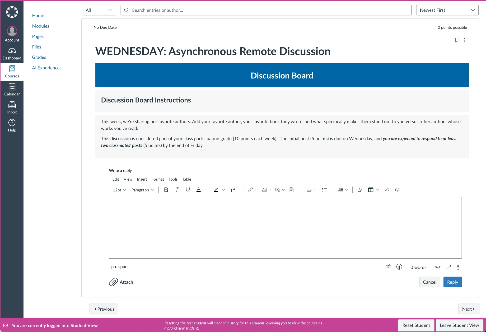 예시 토론 게시판을 보여주는 Canvas LMS 인터페이스